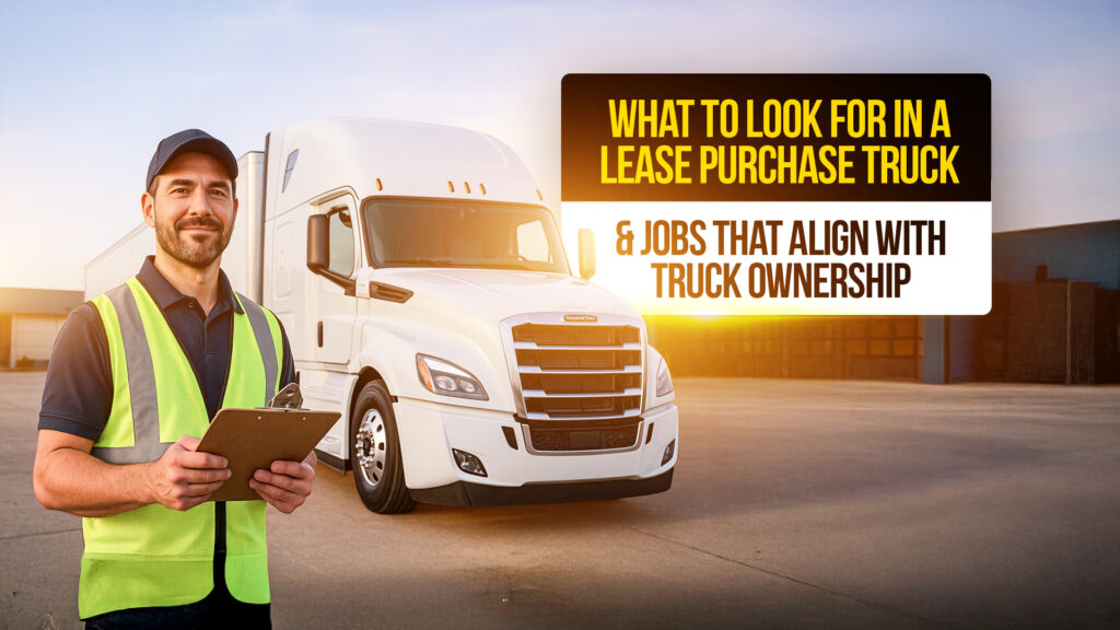 Truck driver in safety vest holding clipboard standing beside a white semi-truck with text overlay: What to Look for in a Lease Purchase Truck & Jobs That Align with Truck Ownership.