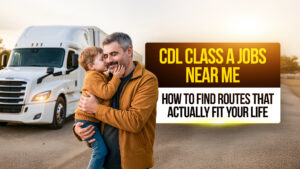 Truck driver holding his young son in front of a semi-truck at sunset with text overlay CDL Class A Jobs Near Me, How to Find Routes That Actually Fit Your Life.