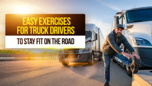 Truck driver stretching beside a semi-truck at sunrise with text overlay: Easy Exercises for Truck Drivers to Stay Fit on the Road.