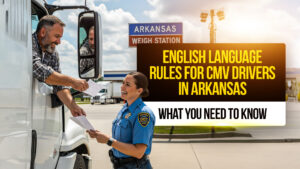 Commercial truck driver hands documents to a DOT officer at an Arkansas weigh station with a sign reading “English Language Rules for CMV Drivers in Arkansas, What You Need to Know.
