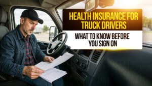 Truck driver reviewing paperwork inside his cab with bold text overlay that reads “Health Insurance for Truck Drivers, What to Know Before You Sign On. The photo emphasizes the importance of understanding medical coverage before committing to a trucking job.