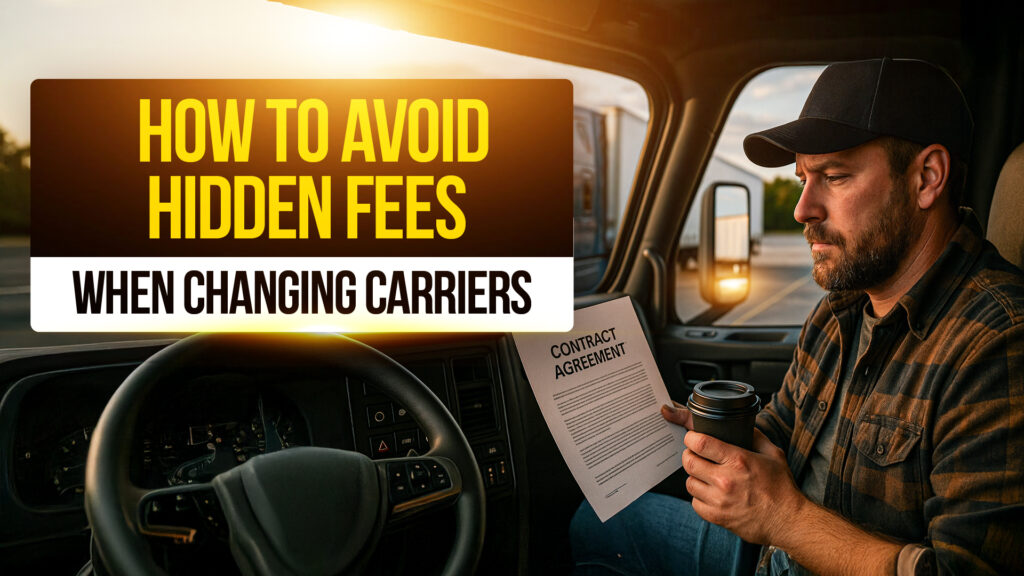 Truck driver sitting inside a semi-truck cab, reading a contract agreement with concern, holding a coffee cup, illustrating hidden fees drivers face when switching trucking carriers.