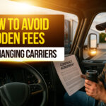 Truck driver sitting inside a semi-truck cab, reading a contract agreement with concern, holding a coffee cup, illustrating hidden fees drivers face when switching trucking carriers.