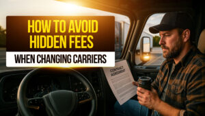 Truck driver sitting inside a semi-truck cab, reading a contract agreement with concern, holding a coffee cup, illustrating hidden fees drivers face when switching trucking carriers.