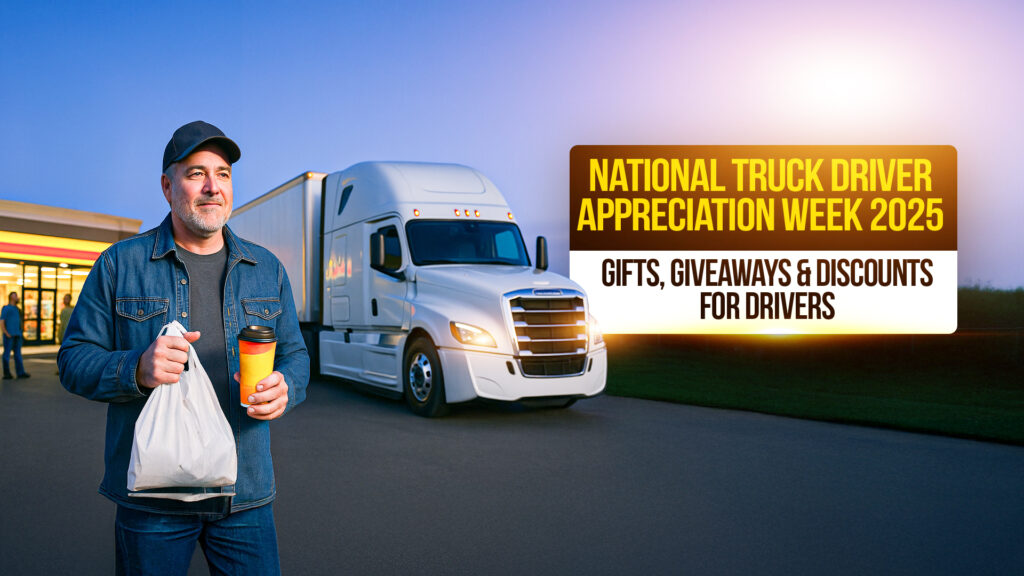 Truck driver holding a coffee cup and bag outside a Love’s Travel Stop next to a white semi-truck during National Truck Driver Appreciation Week 2025, with text highlighting gifts, giveaways, and discounts for drivers.