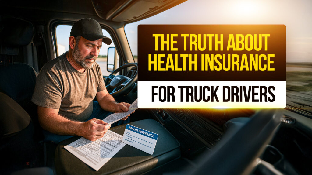 Truck driver sitting in the cab, reviewing health insurance paperwork with documents labeled “Health Insurance,” highlighting the challenges and truth about truck driver health coverage.