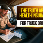 Truck driver sitting in the cab, reviewing health insurance paperwork with documents labeled “Health Insurance,” highlighting the challenges and truth about truck driver health coverage.