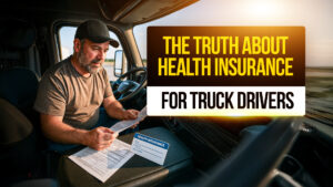 Truck driver sitting in the cab, reviewing health insurance paperwork with documents labeled “Health Insurance,” highlighting the challenges and truth about truck driver health coverage.