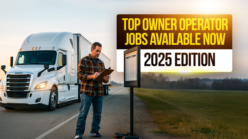 Truck driver standing with a clipboard next to a white semi-truck on the highway with a sign reading Top Owner Operator Jobs Available Now - 2025 Edition.