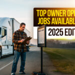 Truck driver standing with a clipboard next to a white semi-truck on the highway with a sign reading Top Owner Operator Jobs Available Now - 2025 Edition.