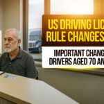 Senior driver at DMV eye exam with vision chart in background, US driving license rule changes 2025 for drivers aged 70 and above.
