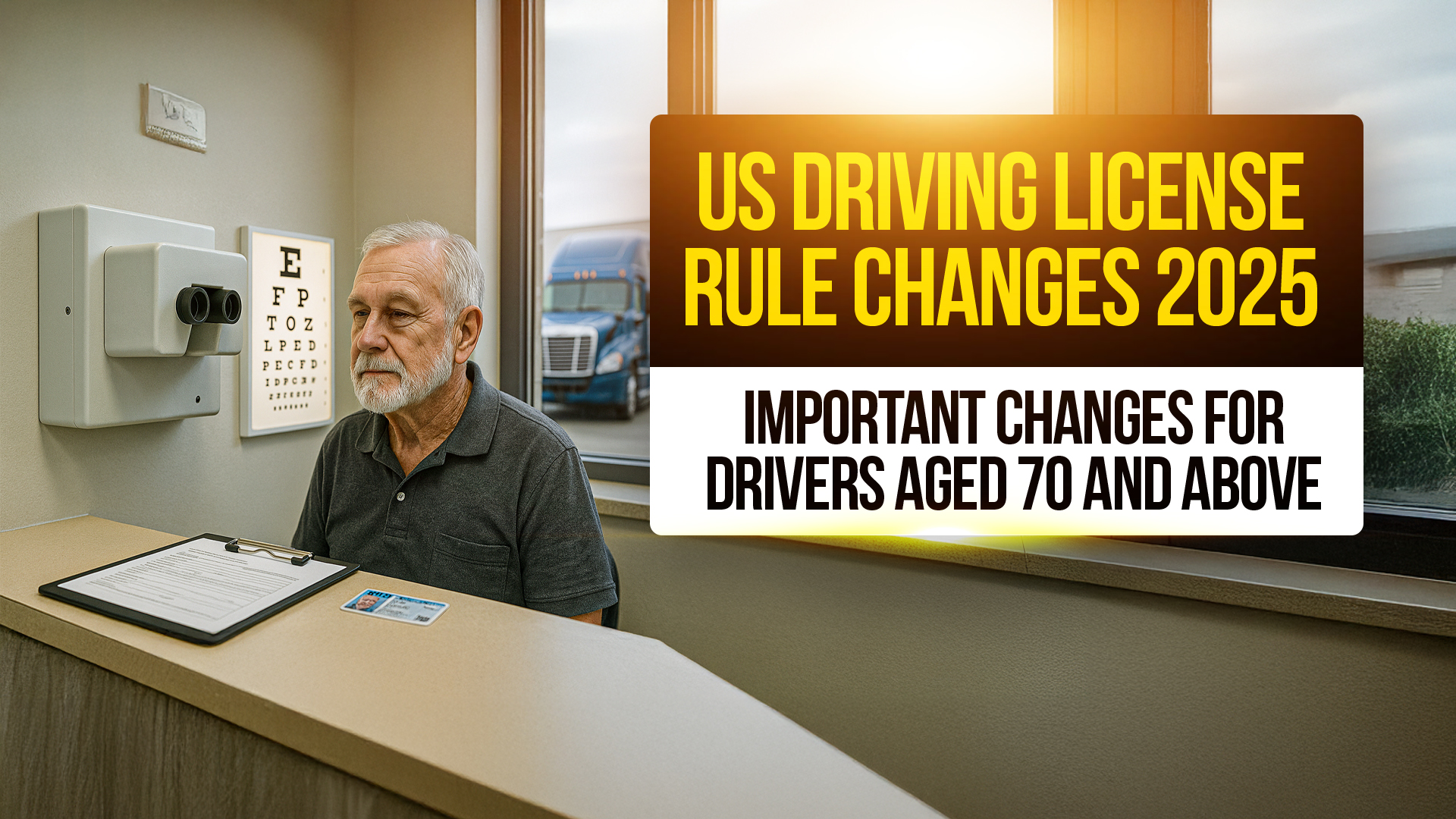 Senior driver at DMV eye exam with vision chart in background, US driving license rule changes 2025 for drivers aged 70 and above.