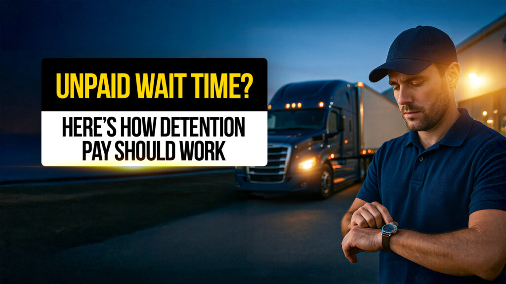 Truck driver checking watch beside a semi-truck at night, highlighting unpaid wait time and detention pay in the trucking industry.