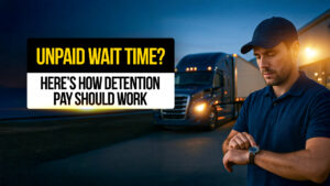 Truck driver checking watch beside a semi-truck at night, highlighting unpaid wait time and detention pay in the trucking industry.