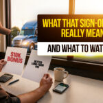 Truck driver comparing sign-on bonus vs. better long-term pay options while sitting at a table, highlighting what CDL sign-on bonuses really mean.