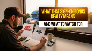 Truck driver comparing sign-on bonus vs. better long-term pay options while sitting at a table, highlighting what CDL sign-on bonuses really mean.