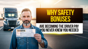 Truck driver holding a bonus check in front of a semi-truck, representing safety bonuses and incentive pay programs in the trucking industry.