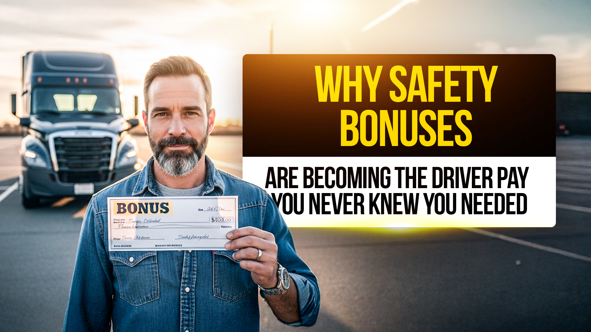 Truck driver holding a bonus check in front of a semi-truck, representing safety bonuses and incentive pay programs in the trucking industry.