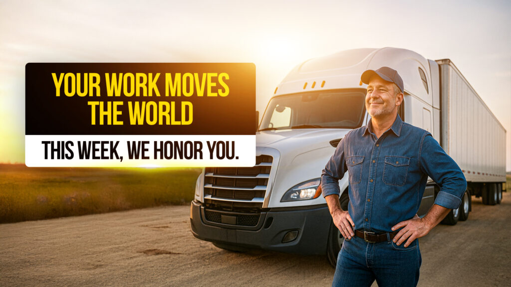 Smiling truck driver standing proudly in front of a semi-truck at sunrise with bold text overlay that reads “Your Work Moves the World – This Week, We Honor You,” honoring National Truck Driver Appreciation Week.