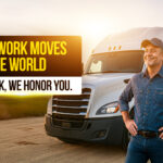 Smiling truck driver standing proudly in front of a semi-truck at sunrise with bold text overlay that reads “Your Work Moves the World – This Week, We Honor You,” honoring National Truck Driver Appreciation Week.