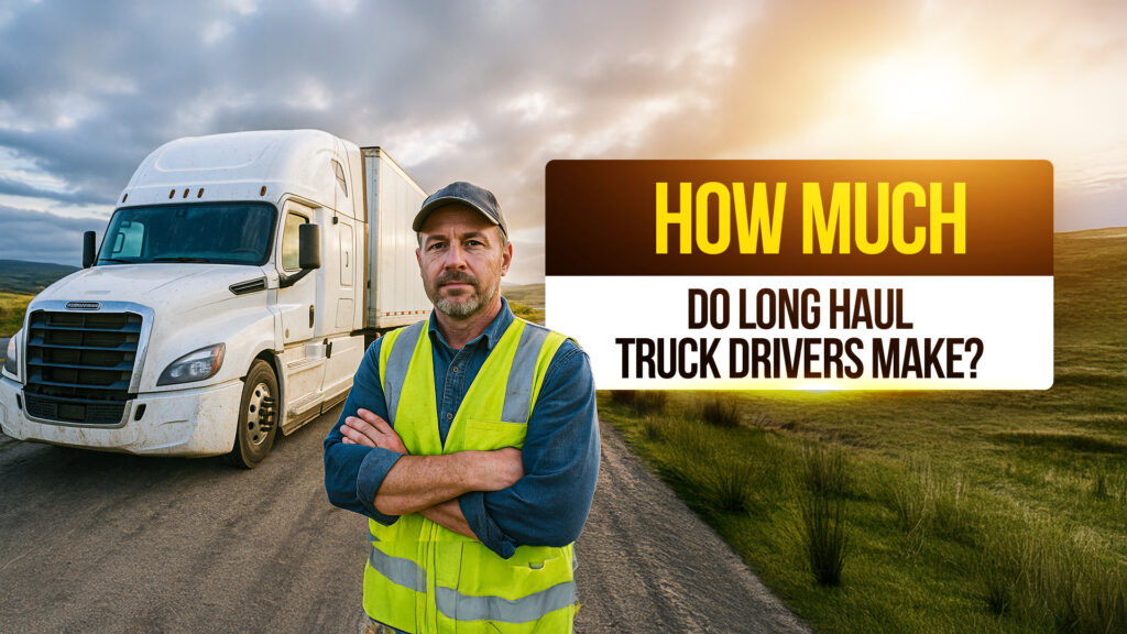 Long haul truck driver standing confidently in front of a white semi-truck on a rural road at sunrise, highlighting the question "How much do long haul truck drivers make?"
