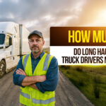 Long haul truck driver standing confidently in front of a white semi-truck on a rural road at sunrise, highlighting the question "How much do long haul truck drivers make?"