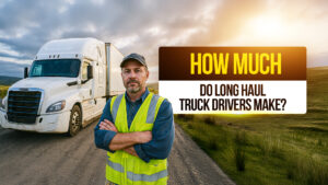 Long haul truck driver standing confidently in front of a white semi-truck on a rural road at sunrise, highlighting the question "How much do long haul truck drivers make?"