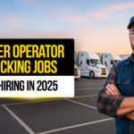 Owner operator trucking jobs now hiring in 2025, confident truck driver standing with folded arms in front of white semi-trucks parked in a lot during sunset.