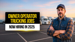 Owner operator trucking jobs now hiring in 2025, confident truck driver standing with folded arms in front of white semi-trucks parked in a lot during sunset.