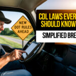 Truck driver reviewing new DOT rules on a tablet inside his cab with a New DOT Rules Ahead road sign visible, representing upcoming CDL law changes in 2025.