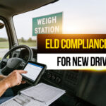 Truck driver using an electronic logging device (ELD) on a tablet inside his semi-truck cab near a weigh station, reviewing logbook data for compliance.