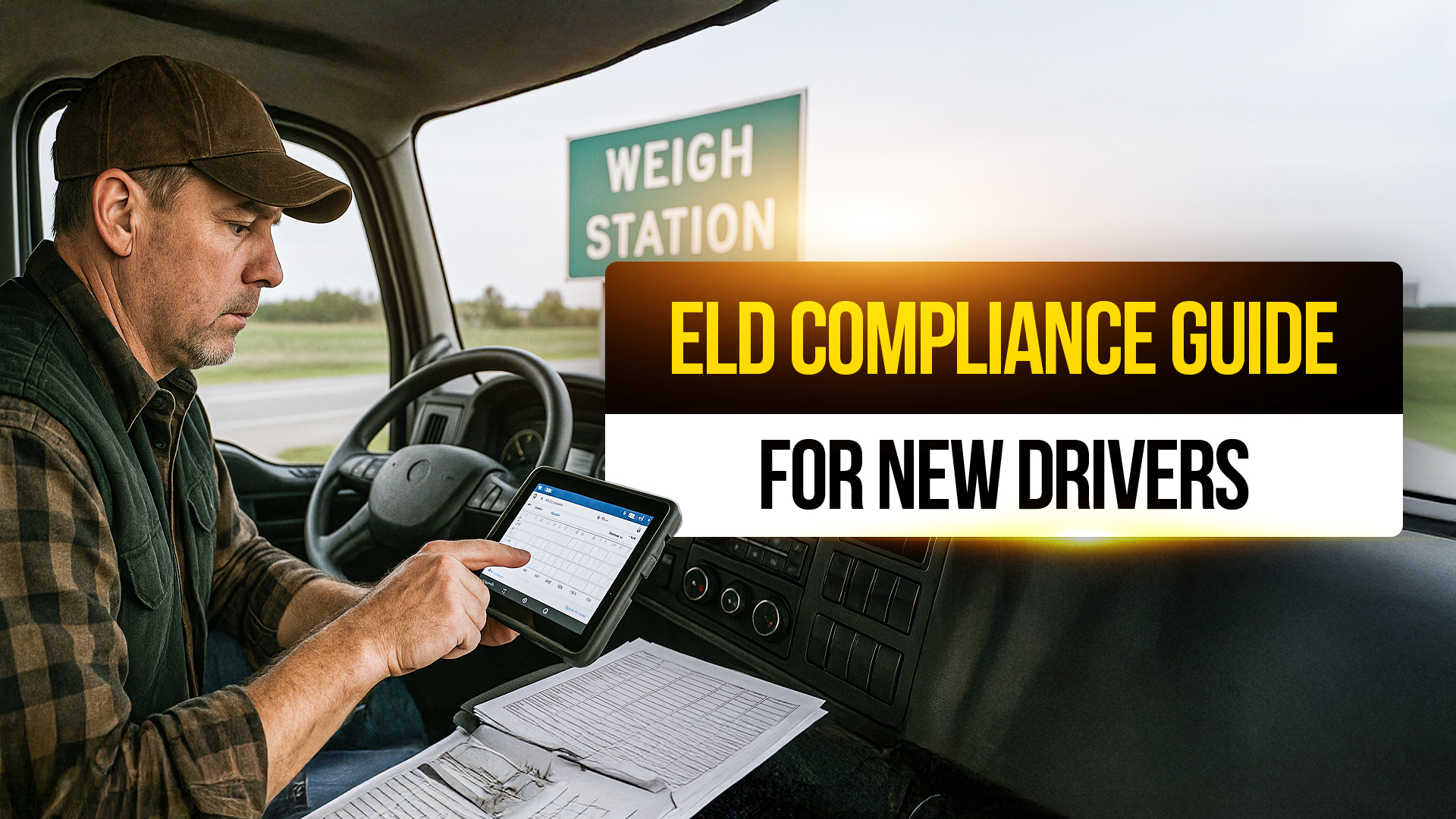 Truck driver using an electronic logging device (ELD) on a tablet inside his semi-truck cab near a weigh station, reviewing logbook data for compliance.