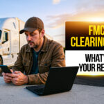 Truck driver sitting outdoors near a semi-truck, checking his phone with a laptop on the table, symbolizing FMCSA Clearinghouse record checks.