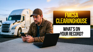 Truck driver sitting outdoors near a semi-truck, checking his phone with a laptop on the table, symbolizing FMCSA Clearinghouse record checks.