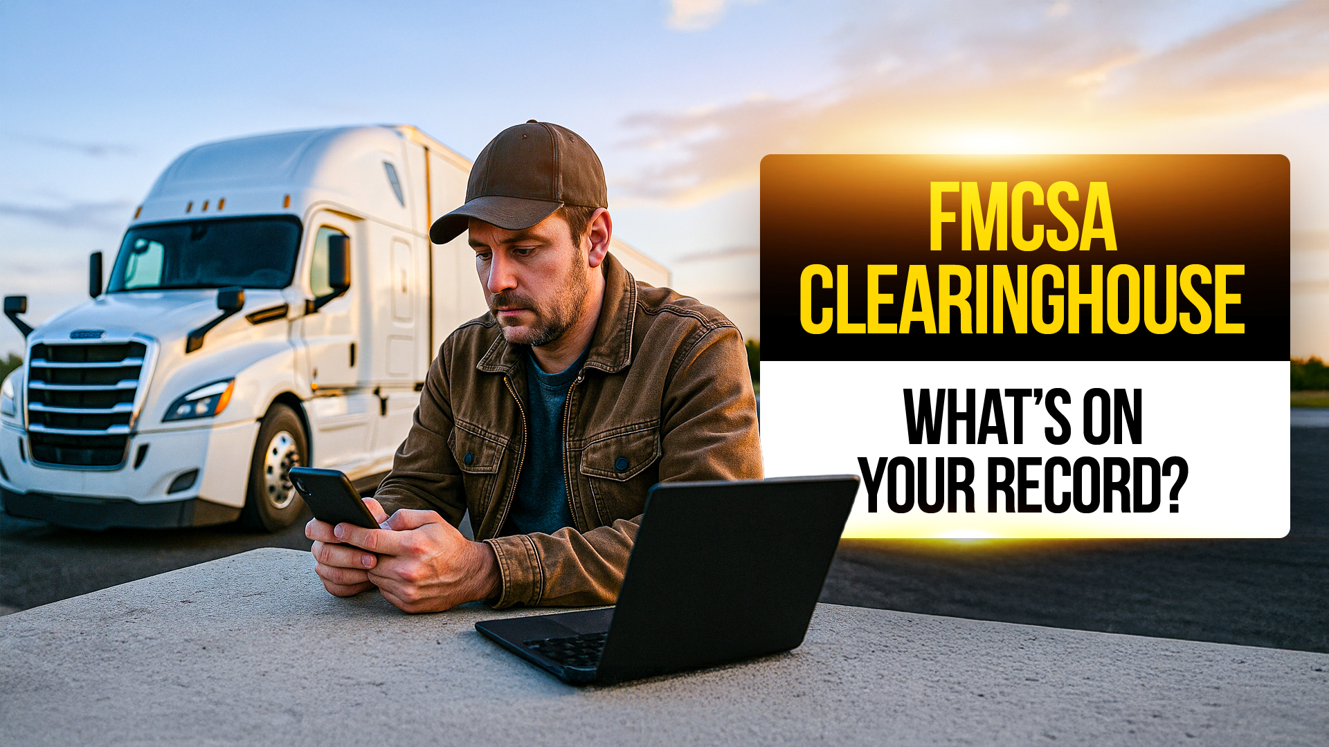 Truck driver sitting outdoors near a semi-truck, checking his phone with a laptop on the table, symbolizing FMCSA Clearinghouse record checks.