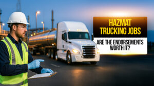 Truck driver wearing a safety helmet and reflective vest inspects paperwork near a hazmat tanker truck at dusk — representing hazardous materials trucking jobs and endorsements.