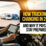 Truck driver using a digital tablet inside a semi-truck cab, analyzing route data as electric trucks park in the background, representing how trucking is evolving in 2025 with new technology and automation.