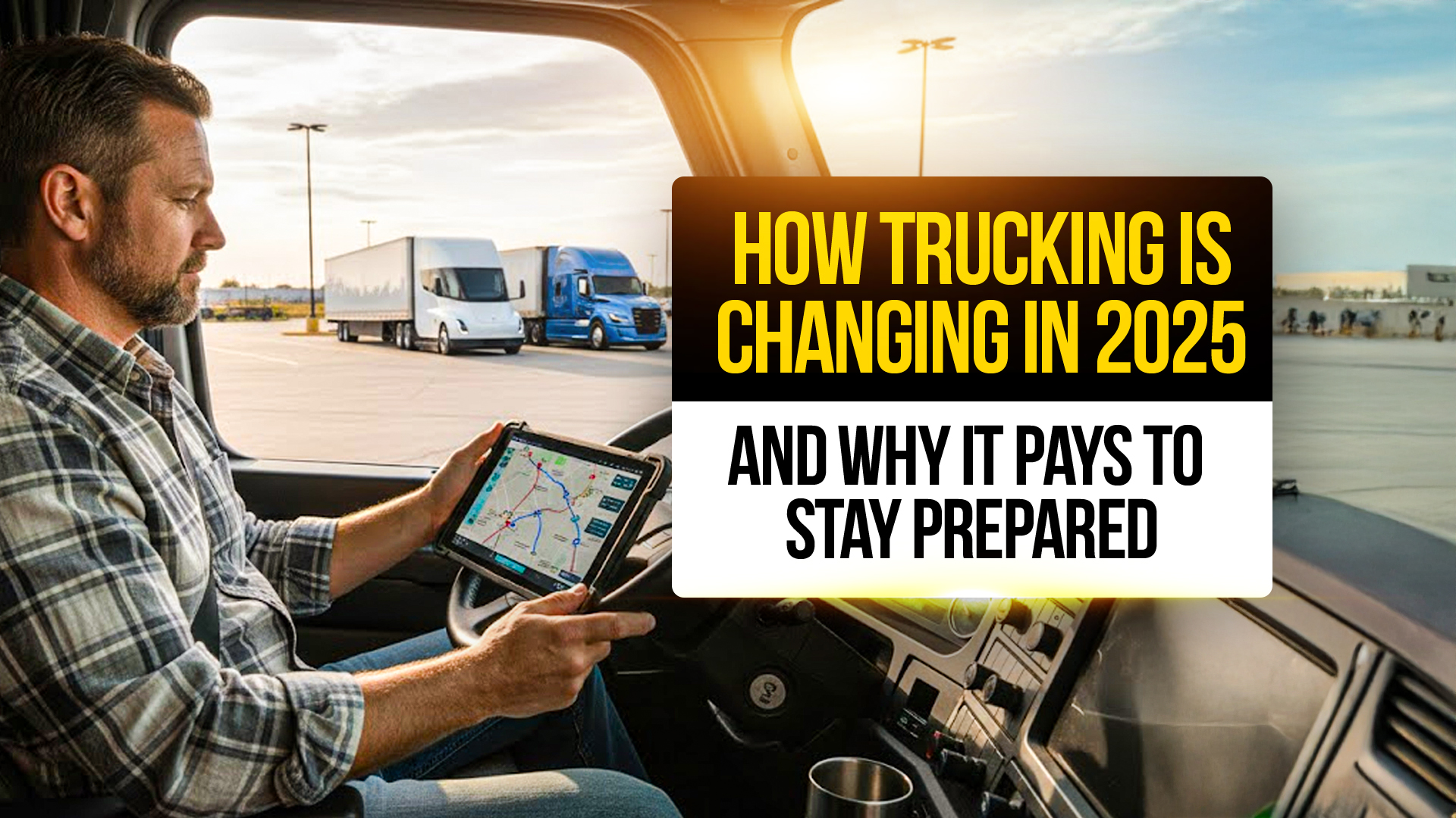 Truck driver using a digital tablet inside a semi-truck cab, analyzing route data as electric trucks park in the background, representing how trucking is evolving in 2025 with new technology and automation.