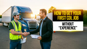 Recruiter shaking hands with a new truck driver in a safety vest near a blue semi-truck at sunset — representing how to get a first CDL job without prior experience.