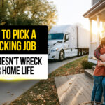 Truck driver embraces his family in front of their home with a semi-truck parked nearby, symbolizing the balance between trucking jobs and home life.