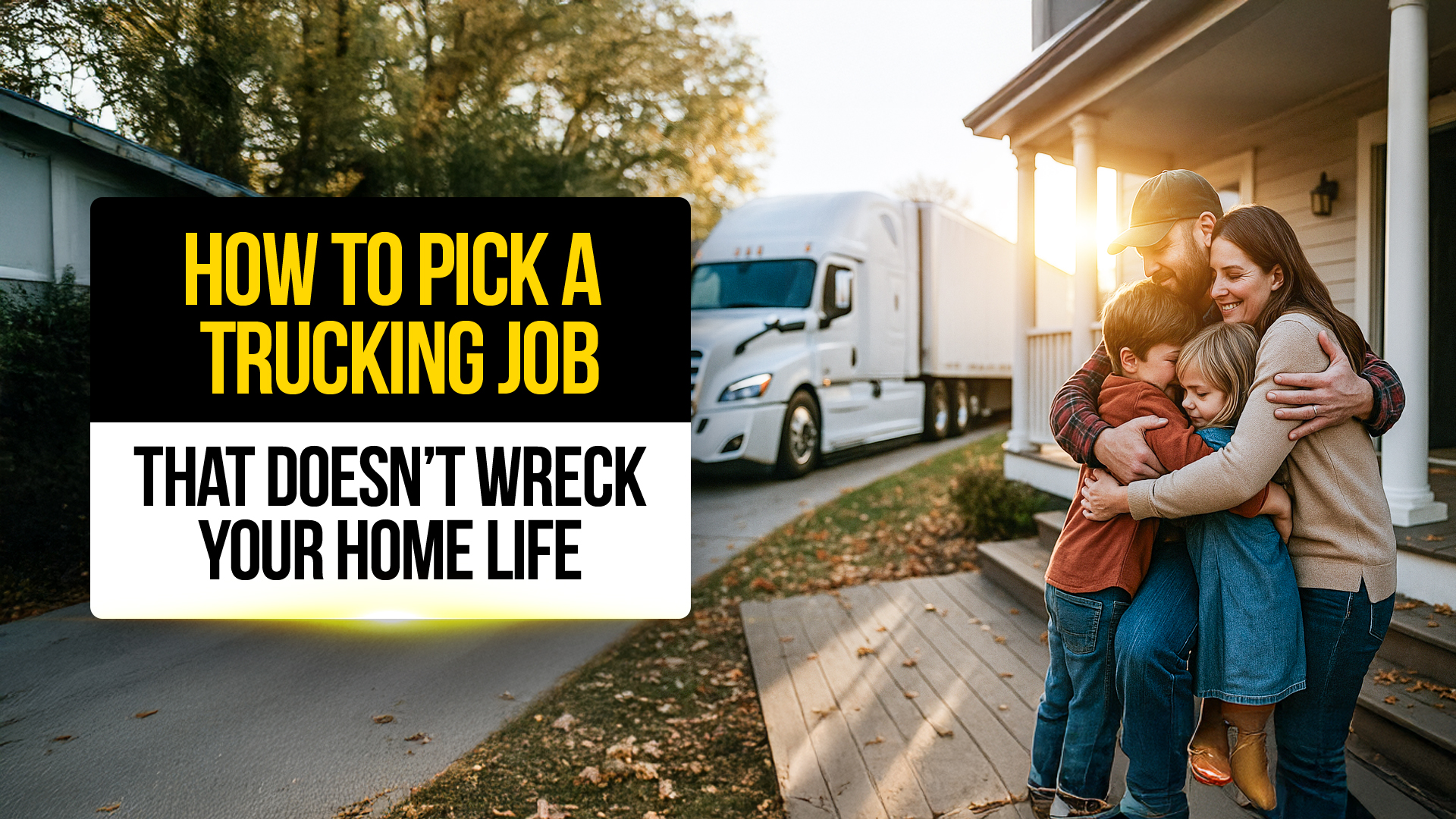 Truck driver embraces his family in front of their home with a semi-truck parked nearby, symbolizing the balance between trucking jobs and home life.