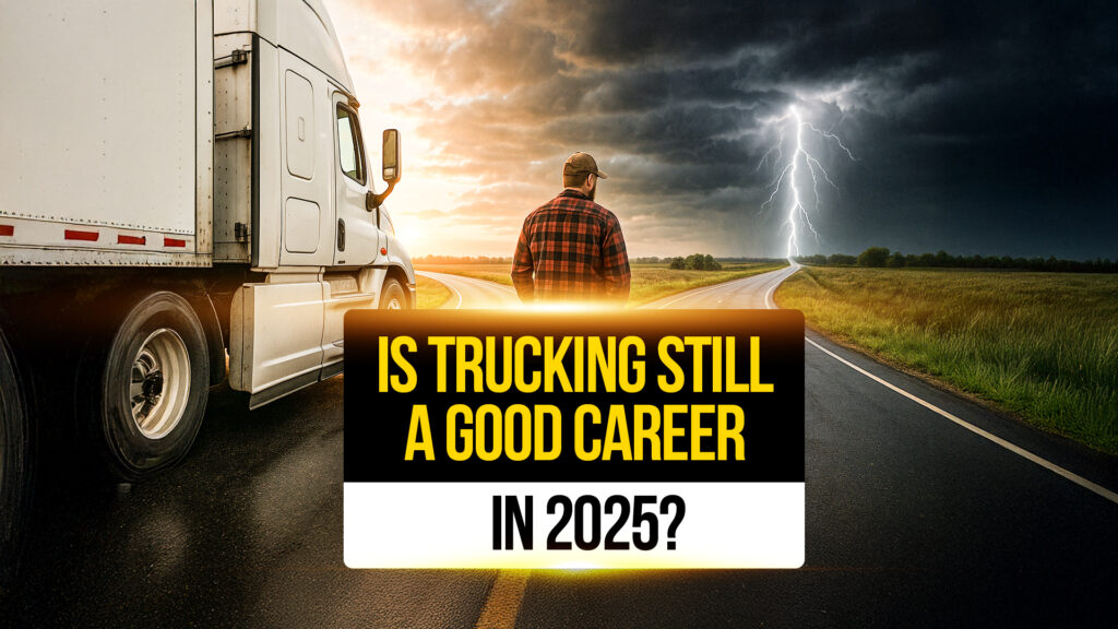 Truck driver stands beside a semi-truck on a stormy road under lightning-filled skies, contemplating the future of trucking as a career in 2025.