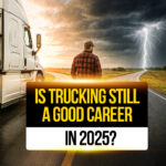 Truck driver stands beside a semi-truck on a stormy road under lightning-filled skies, contemplating the future of trucking as a career in 2025.