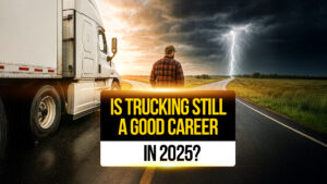 Truck driver stands beside a semi-truck on a stormy road under lightning-filled skies, contemplating the future of trucking as a career in 2025.