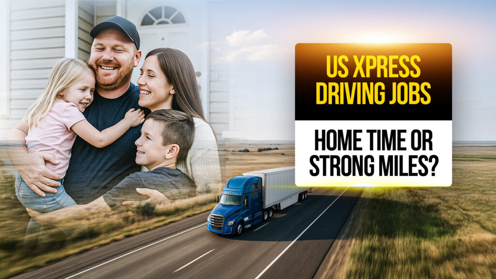 Smiling truck driver hugging his family outside their home, with a semi-truck on the highway in the background, representing US Xpress driving jobs focused on work-life balance.