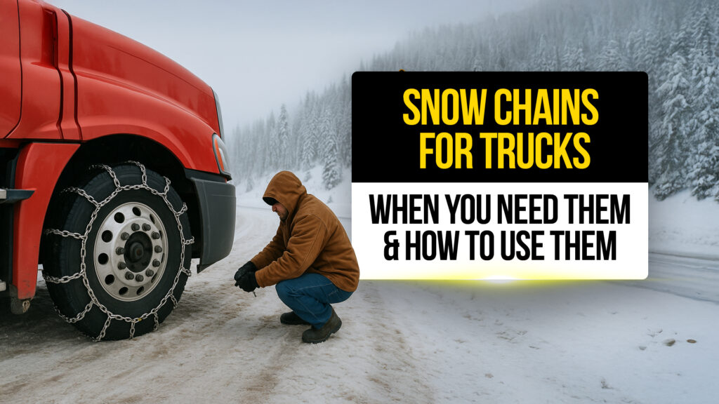 Truck driver installing snow chains on a red semi-truck tire in snowy mountain conditions, showing how and when to use tire chains for safe winter driving.