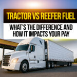 White semi-truck with a refrigerated trailer parked at a fuel station under clear skies, representing the difference between tractor fuel and reefer fuel costs for truck drivers.