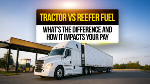 White semi-truck with a refrigerated trailer parked at a fuel station under clear skies, representing the difference between tractor fuel and reefer fuel costs for truck drivers.