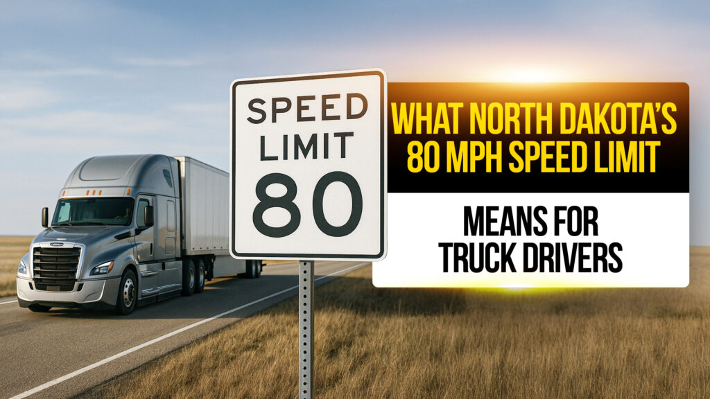 Truck driving past a speed limit 80 mph sign on a rural North Dakota highway with sunset sky in the background, article about North Dakota’s new speed limit law for truck drivers.