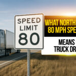 Truck driving past a speed limit 80 mph sign on a rural North Dakota highway with sunset sky in the background, article about North Dakota’s new speed limit law for truck drivers.